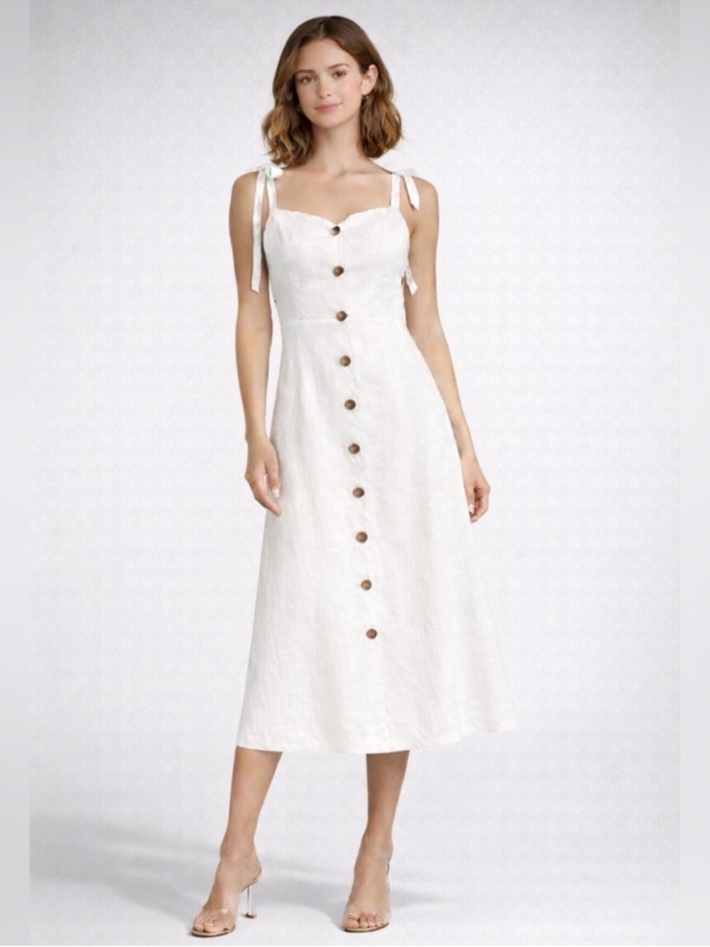 NEW Wilfred Rosalie Midi Dress White 100% Linen Tie Straps Smocked Cottagecore
